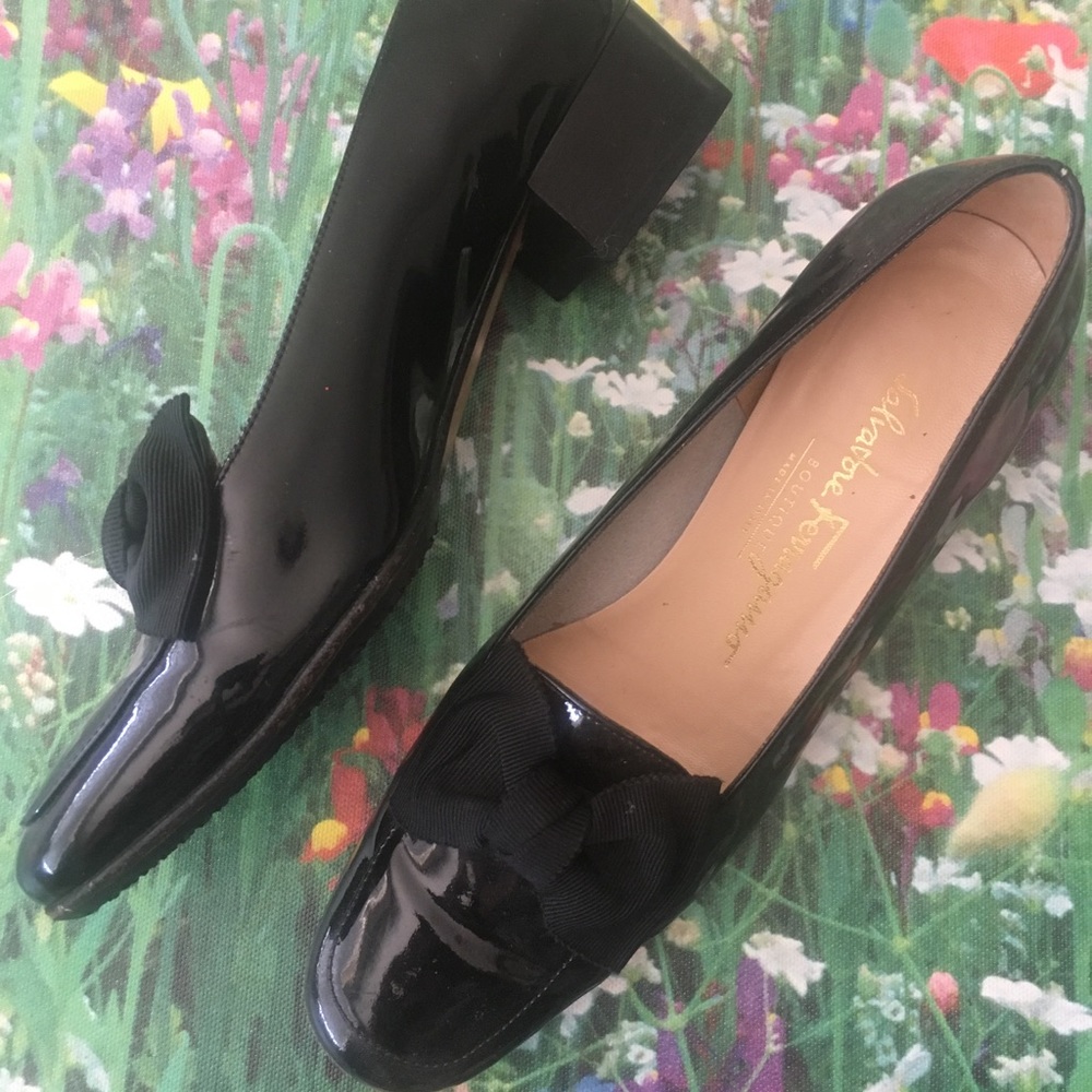 Black patent loafers with bow